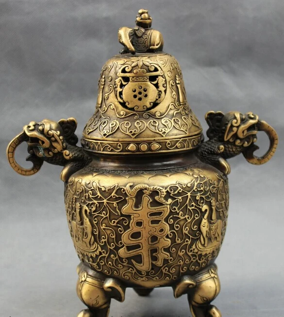 

JP S0114 9" Chinese Bronze Elephant Lion Head Statue Tibet Flower Incense Burner Censer B0403