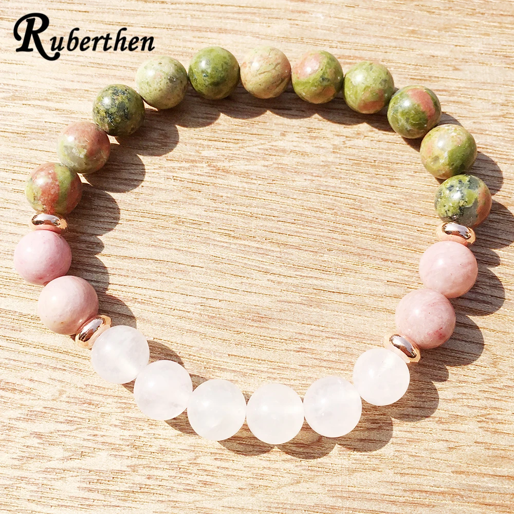 

Ruberthen Fashion Design Rose Quarz Unakite Rhodonite Bracelet Love Spiritual Yoga Mala Bracelet Best Women`s Gift Jewelry