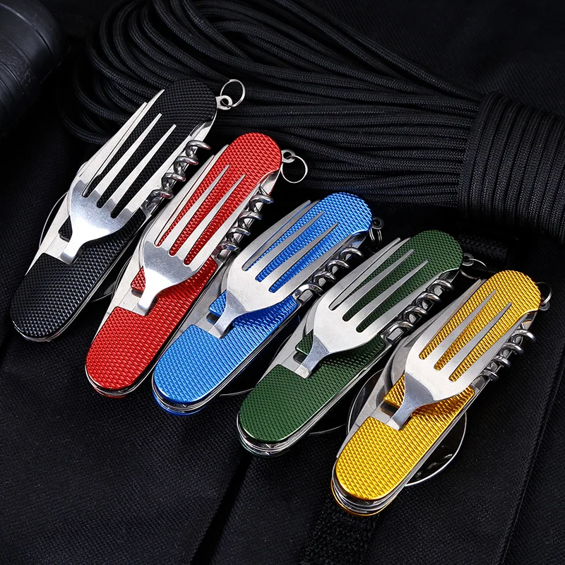 

4 in 1 Outdoor Tableware (Fork/Spoon/Knife/Bottle Opener) Camping Stainless Steel Folding Pocket Kits Hiking Travel Tableware