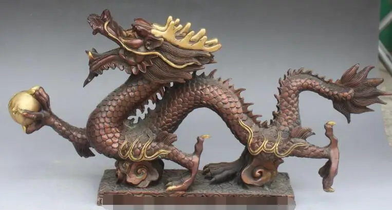 

S01939 20" Chinese Bronze Gilt Zodiac Year Dragon Dragons Play Ball Statue Sculpture (A0321)