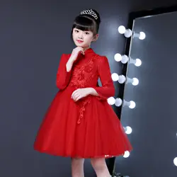 2018 детское платье зимние Ципао с длинным рукавом красный для девочек в цветочек торжественное свадебное День рождения принцессы бальное