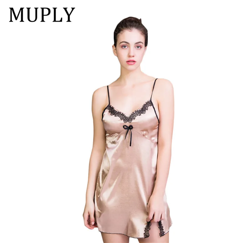 

MUPLY Sexy Nightgown Lingerie Fashion Patchwork Nightdress Women Sheer Scalloped Satin Nightwear Silk Slip Sleepwear Chemises