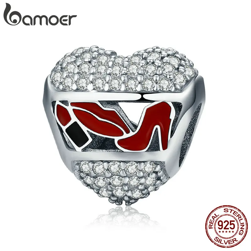 

BAMOER 100% 925 Sterling Silver Ladies Girls Cosmetic in Heart Charm Beads fit Charm Bracelet & Necklace DIY Jewelry SCC627