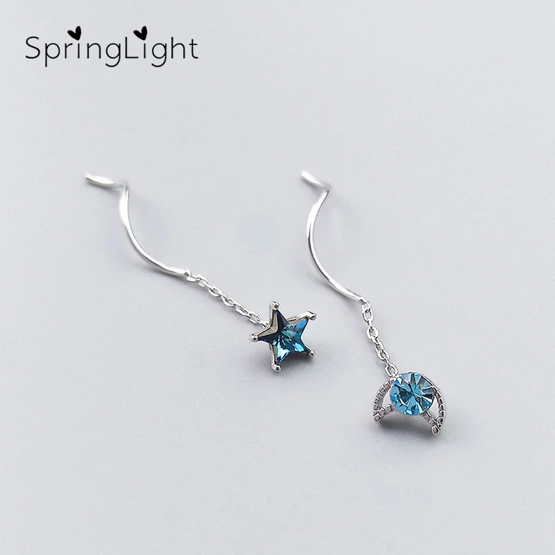 

SpringLight Blue Fantasy Star Moon Earring Real 925 Sterling Silver Fine Jewelry Elegant Long Drop Earrings for Women Party Gift