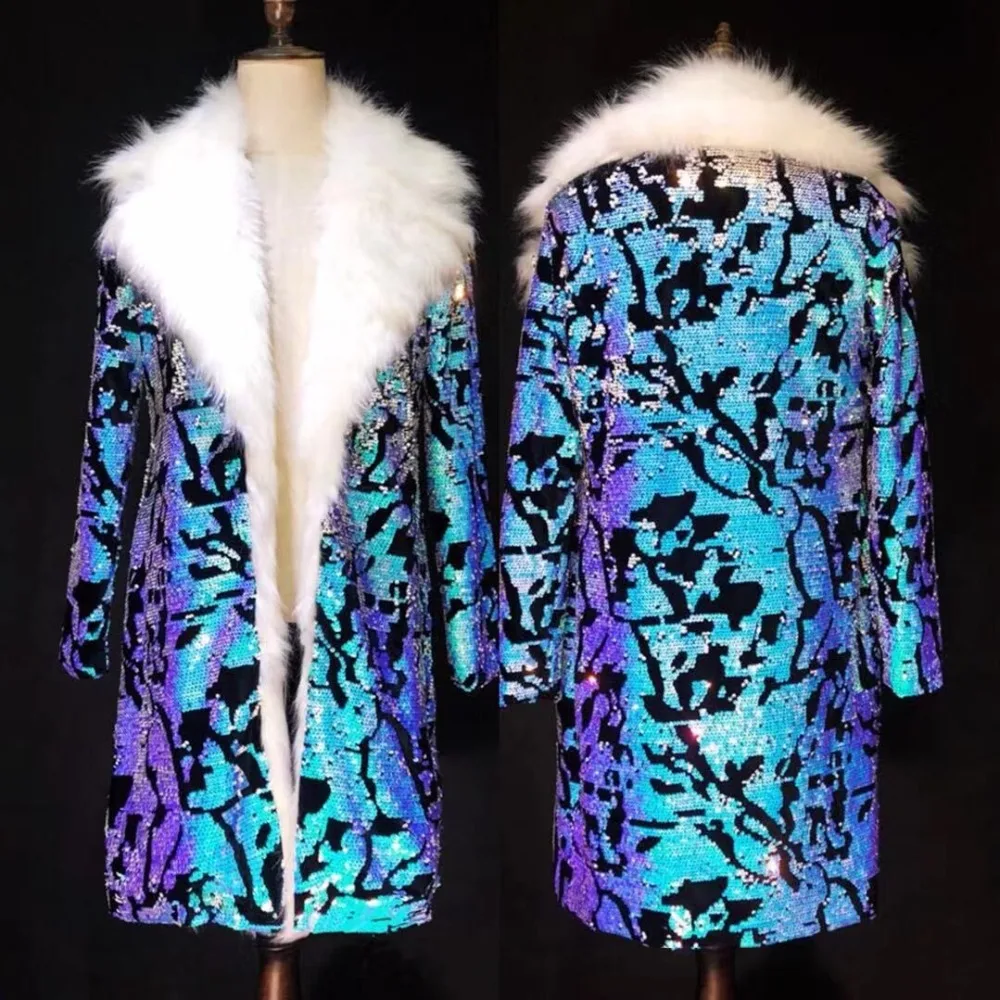 Costomized S-4XL синий блёстки Роскошные длинная куртка DS DJ для мужчин певица танцор шоу Бар Винтаж костюм для ночного клуба и вечерние