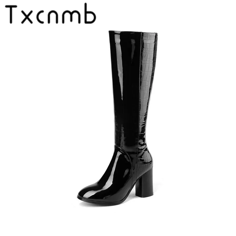 

TXCNMB Knee Boots Women Platform Cow Patent Leather High Female Booties Round Toe High Heel Black Winter Shoes Woman Szie 44 45