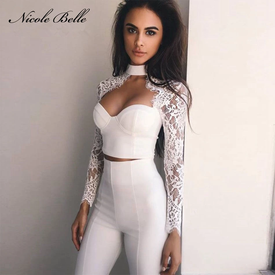 2017-New-Winter-Women-Black-White-Bandage-Bodysuit-Long-Sleeve-Lace-Top-Full-Pencil-Pants-Lady
