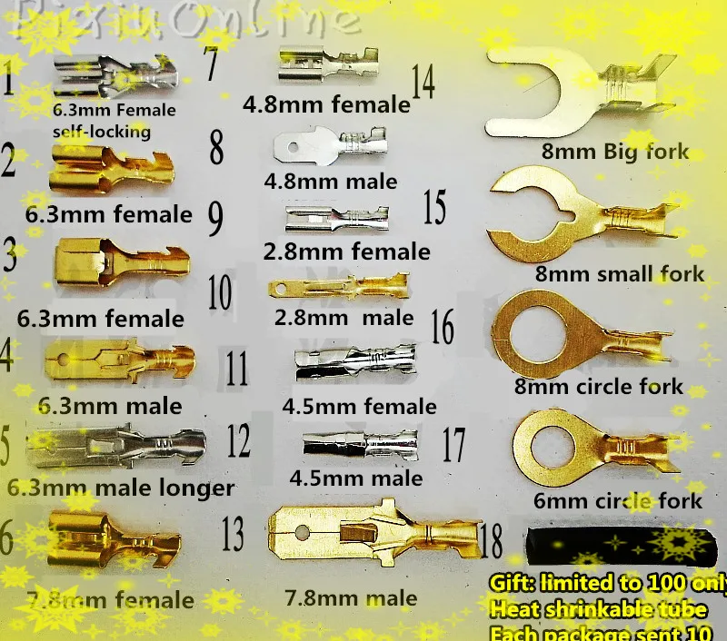 

YL470b 10pc 2.8mm 4.5 6 8 Male/Female Plug Copper Battery Terminal Speaker Car Modification Wire Splice Connector All Kinds Of