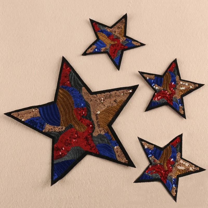 

4pcs Stars Iron On Patches For Clothing Sequin Glitter Military Patch parches Embroidered Motocycle Jacket Patchwork Appliques