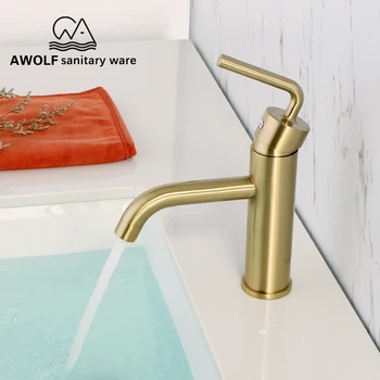 

Brushed Gold Basin Faucet Solid Brass Bathroom Modren Sink Faucet Washing Mixer Water Tap Hot Cold Single Hole ML8069
