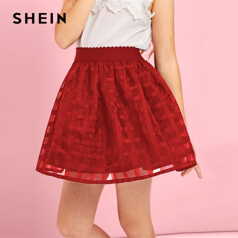 SHEIN Kiddie Burgundy Mesh A Line Cute Girls Skirts 2019 Spring Korean