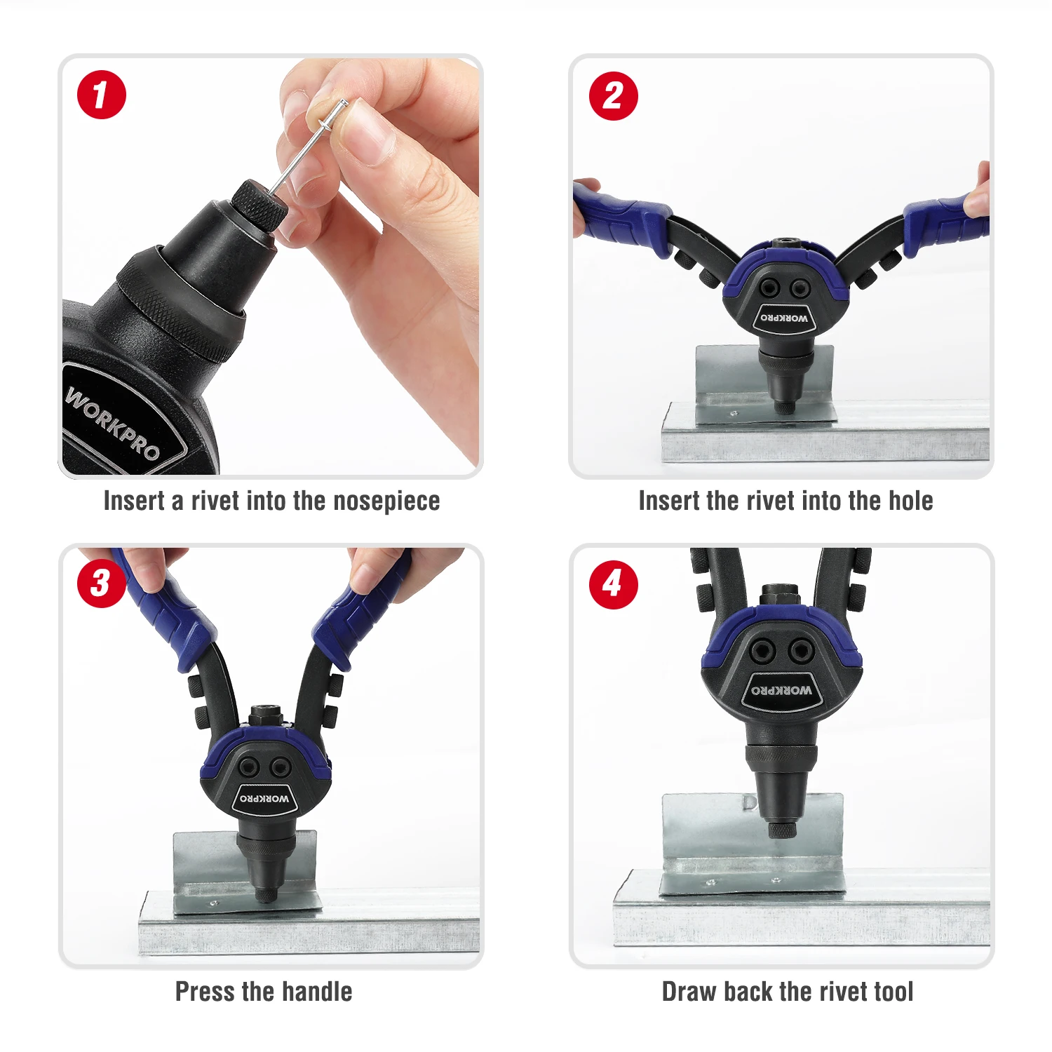 WORKPRO 10" Hand Riveter Rivet Nut Guns Riveter Gun with 5 Replaceable Nosepieces