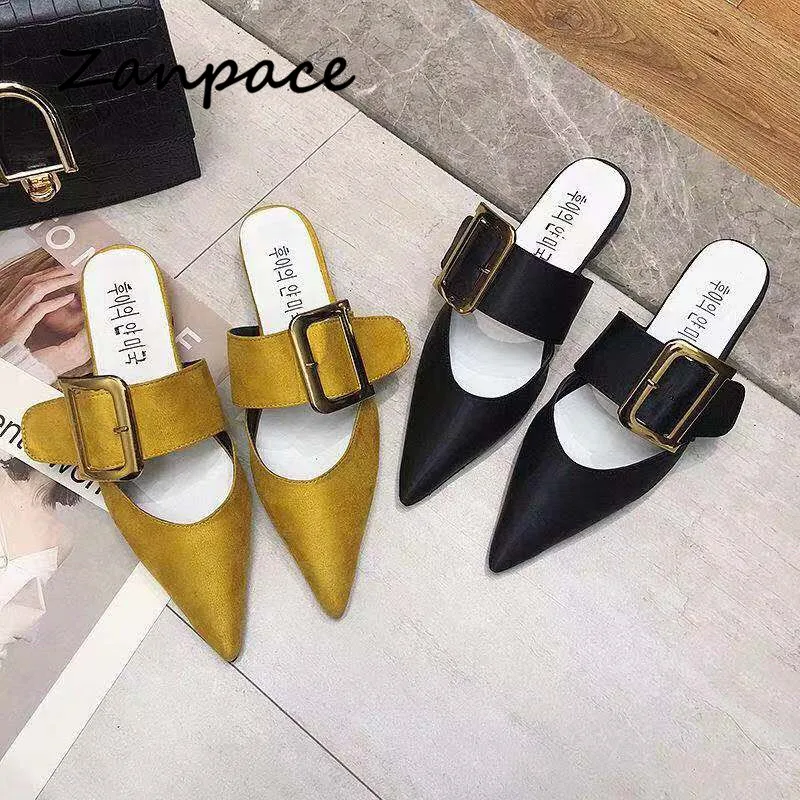 Zanpace New Low Slippers 2019 Buckle House Slides Pointed Top Fashion Woman Shoes Summer Platform Sandalias Ladies Flip Flop