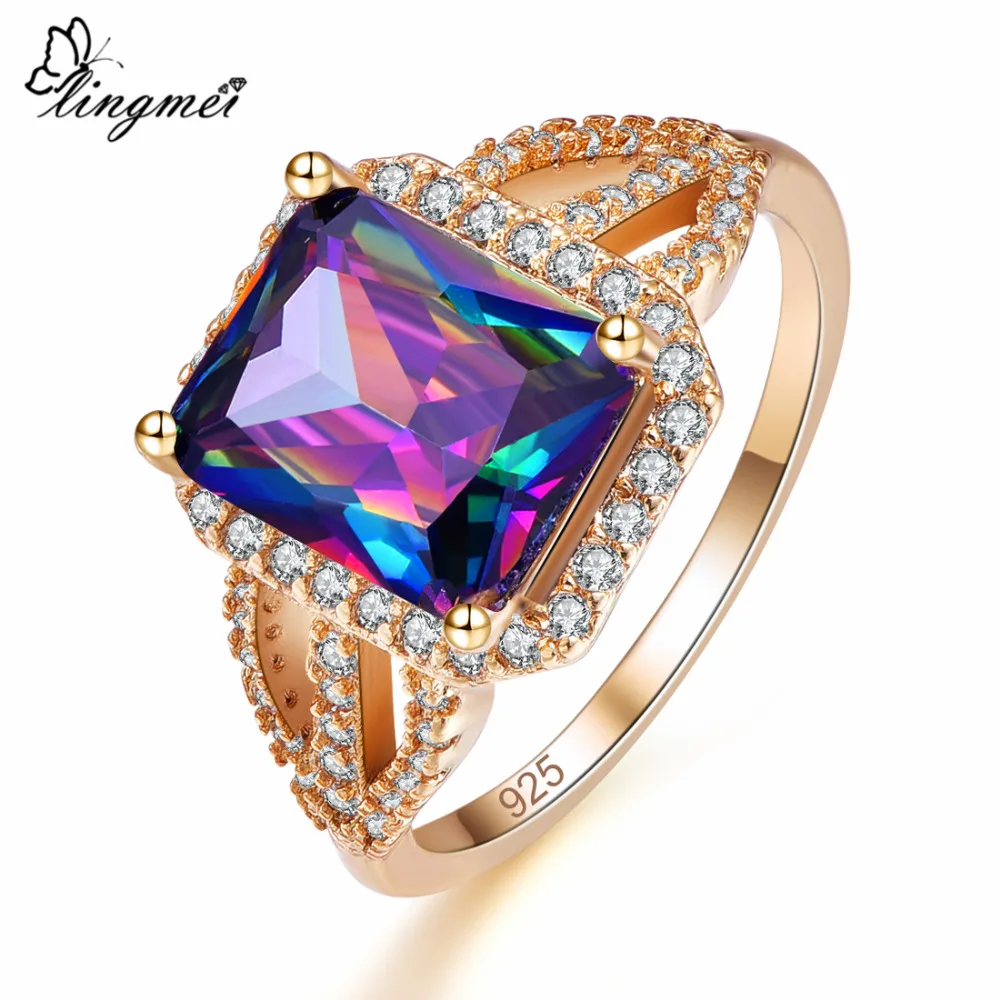 

lingmei New Big Mysterious & Blue White Cubic Zirconia Gold Color Ring Size 6 7 8 9 Luxury Elegant Women Men Jewelry Wholesale
