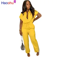 Haoohu 2019 macacão feminino manga curta, macacão feminino solto gola virada para baixo, macacão de trabalho casual para mulheres pernas largas