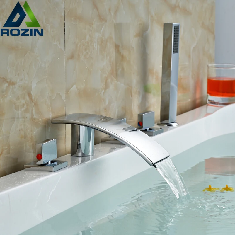 

Chrome Waterfall Bathroom Widespread Bathtub Faucet 5pcs Three Handles Tub Mixer Faucet Set with Pull Out Handshower