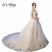 Это YiiYa свадебное платье с вырезом лодочкой, Золотое Кружевное Свадебное бальное платье с вышивкой, кружевные свадебные платья с коротким рукавом и шлейфом XXN235