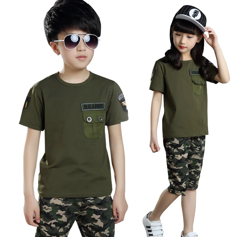 

teenager Boy girls casual 2pc army green Sport suits school style Summer Kids clothes 4 to 12 15 years Children's Clothing set