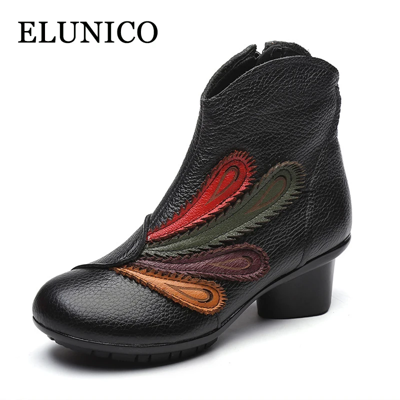 

ELUNICO 2018 Winter Ethnic Vintage Genuine Leather Women Boots Ladies Medium Heels Soft Comfortable Warm Shoes Zapatos De Mujer