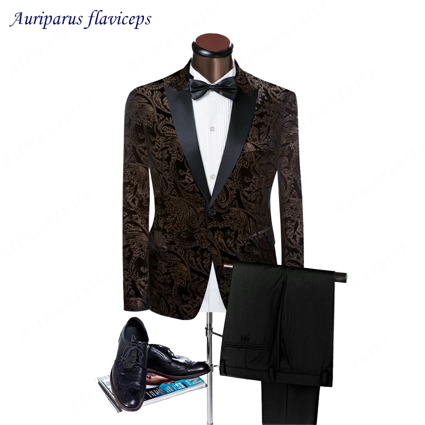 2020 High Quality Black Peaked Lapel Man Suits Pattern Groom Tuxedos Velvet Suit Tailored Wedding (Jacket+ pants) | Мужская одежда