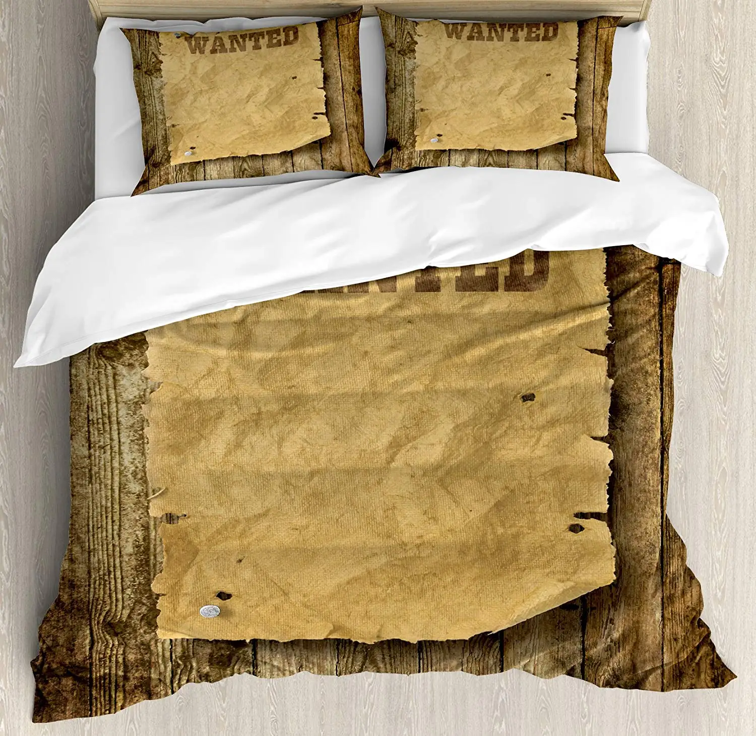 

Western Duvet Cover Set Queen Size Wooden Texture Background Vintage Wanted Poster Sign Wild Print Bedding Set Caramel Brown