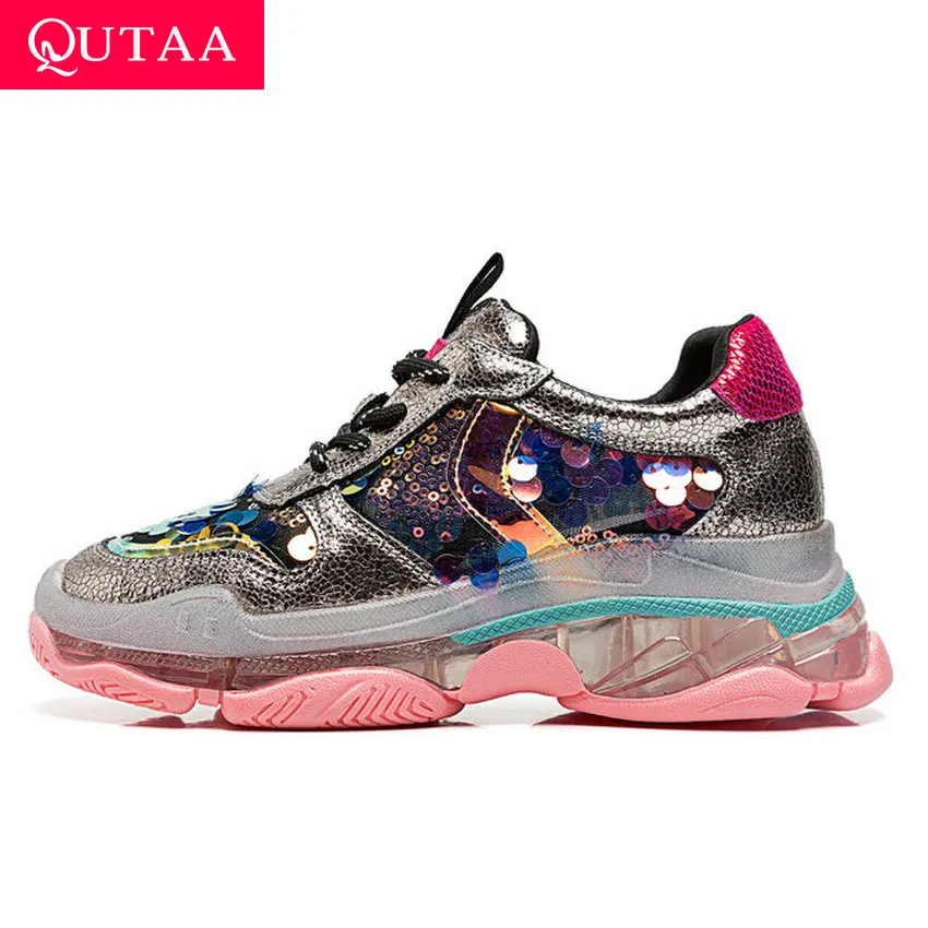 

QUTAA 2019 Summer Breathable Mesh Sequins SheepSkin Platform Sneakers Lace Up Round Toe All Match Casual Women Shoes Size 34-39