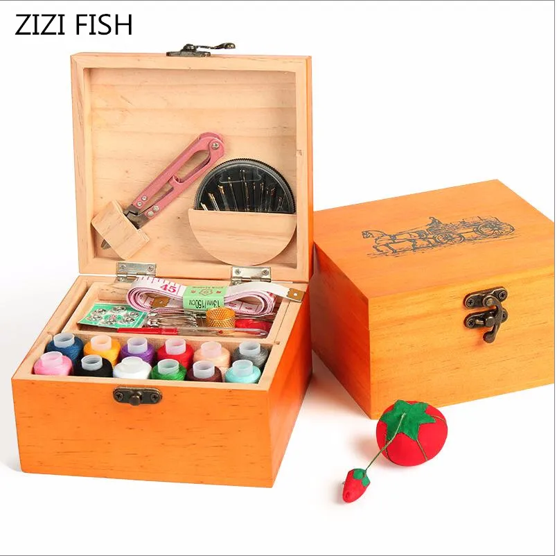 New Wood Box Sewing Kit Needle Tape Scissor Multifunction Threads