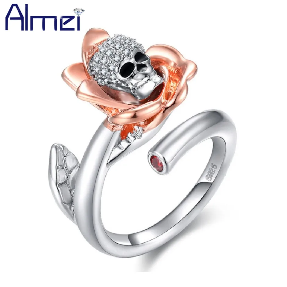 

Almei Skull Rings For Women Adjustable Medium Size Rose Flower Ring Female Cubic Zirconia Fashion Jewelry Dropshipping RA084