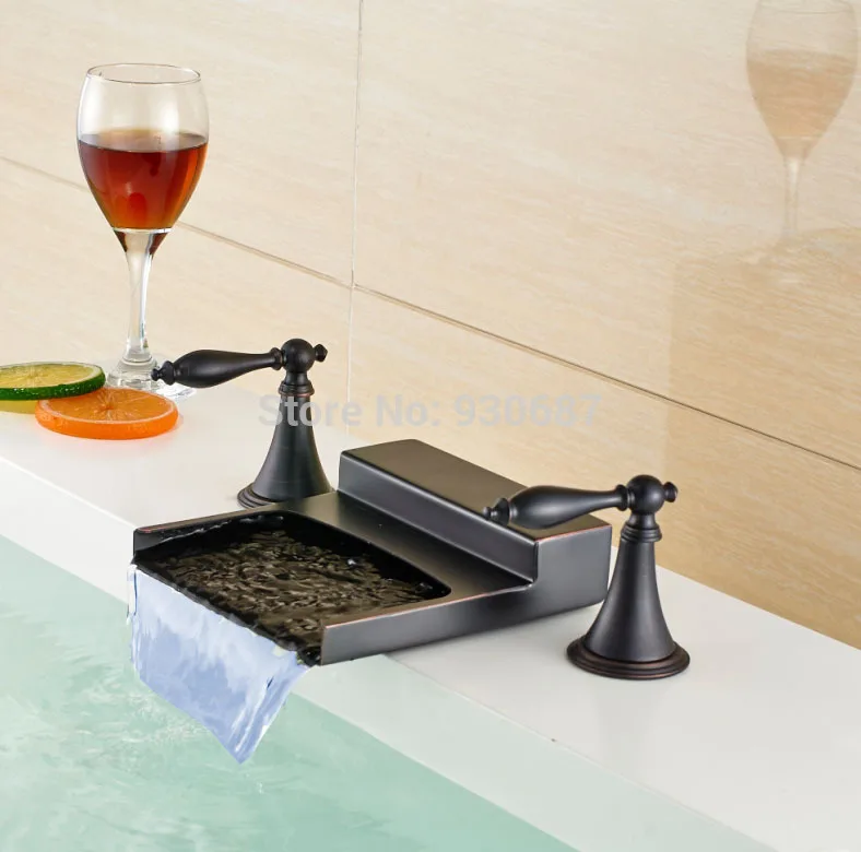 

Waterfall Oil Rubbed Bronze LED Color Changing Dual Handles Baisn Faucet