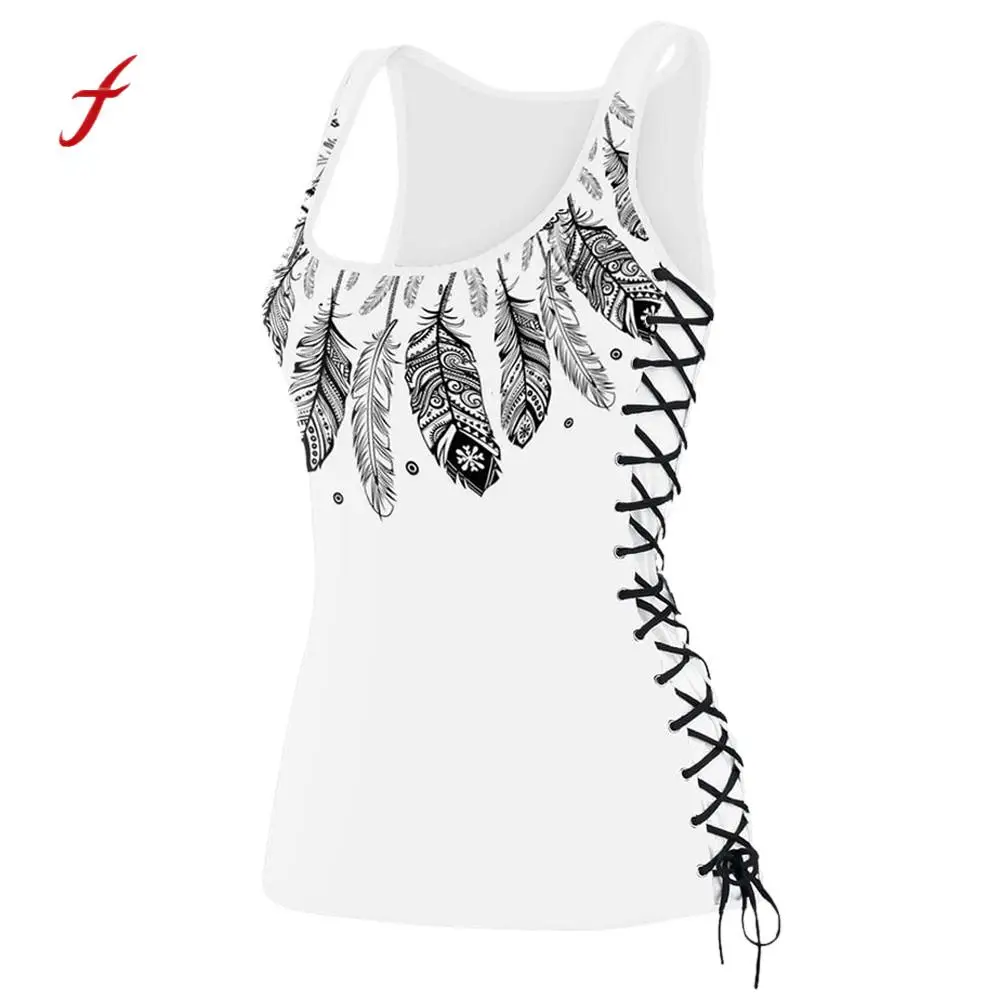 

Fashion Womens Casual Feather Print Lace Up U Neck Tank Tops Bandage Vest Tank Top Vest Fitness T Shirts Summer Ladies Tops