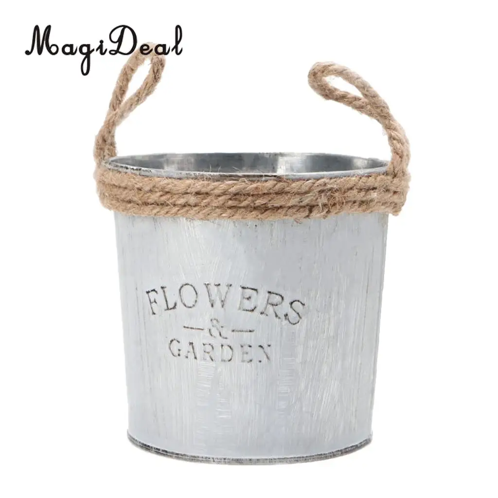 2pcs Round Galvanized Metal Buckets Plants Flower Decorative Vases with Rope