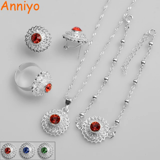Anniyo Red Blue Green Stone Ethiopian Small Set Necklace Earrings Anniyo Red Blue Green Stone Ethiopian Small Set Necklace Earrings Ring