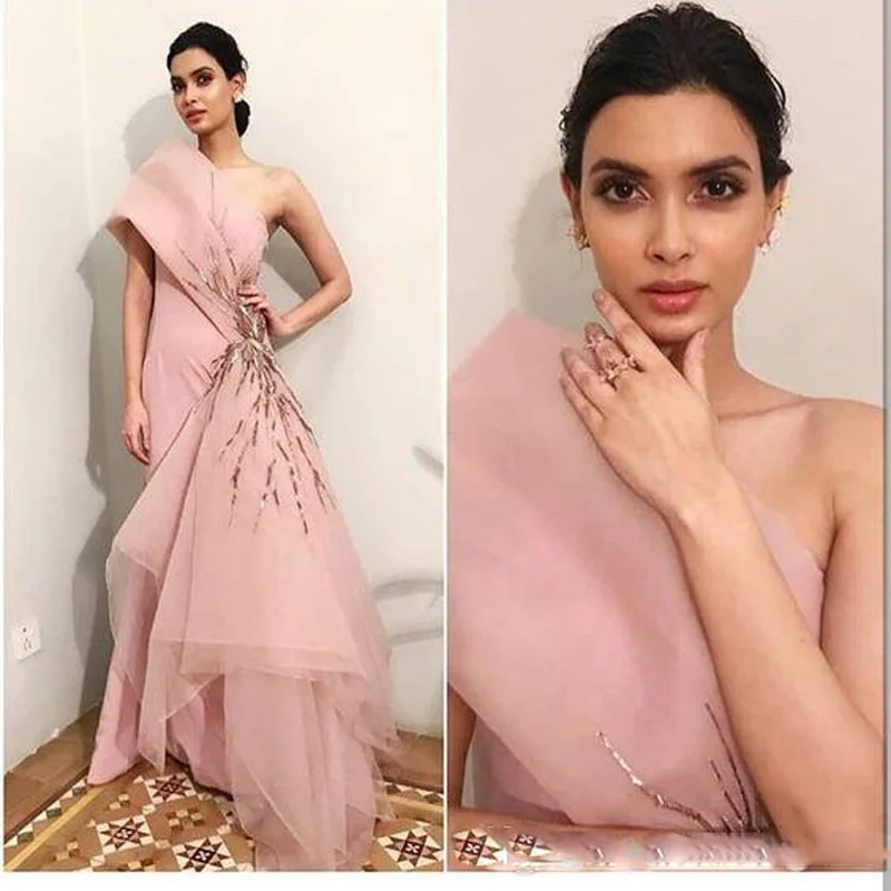 Blush Pink Stylish Sexy 2019 African Evening Dresses One Shoulder Satin Organza Prom Dresses Cheap Formal Party Bridesmaid Pageant Gowns 135