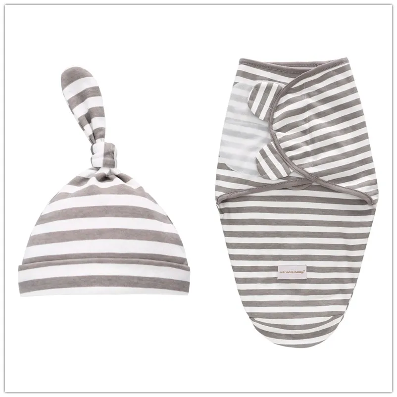 Детское Пеленальное Одеяло+ Кепка для новорожденных, хлопковый Пеленальный мешок, детский конверт, спальный мешок, постельные принадлежности - Цвет: Gray stripe  L