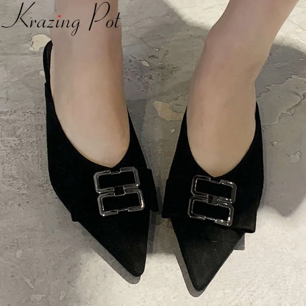 

Large size full grain leather slip on mules butterfly-knot decoration kitten heels pointed toe pumps wedding party pumps L05