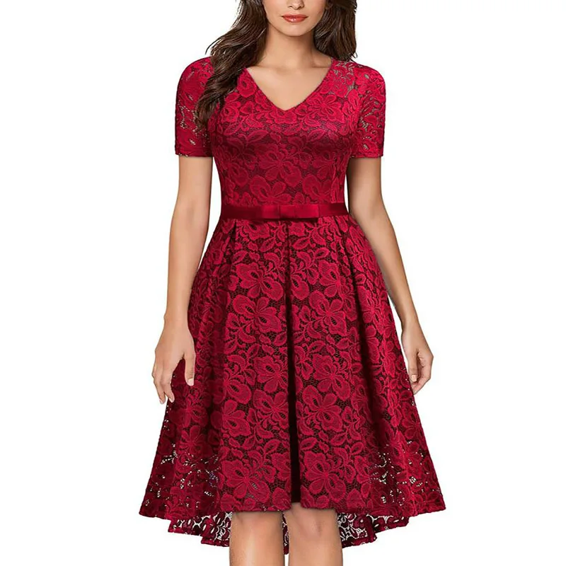 

A mid-length solid color dress with short-sleeved round collar lace for women