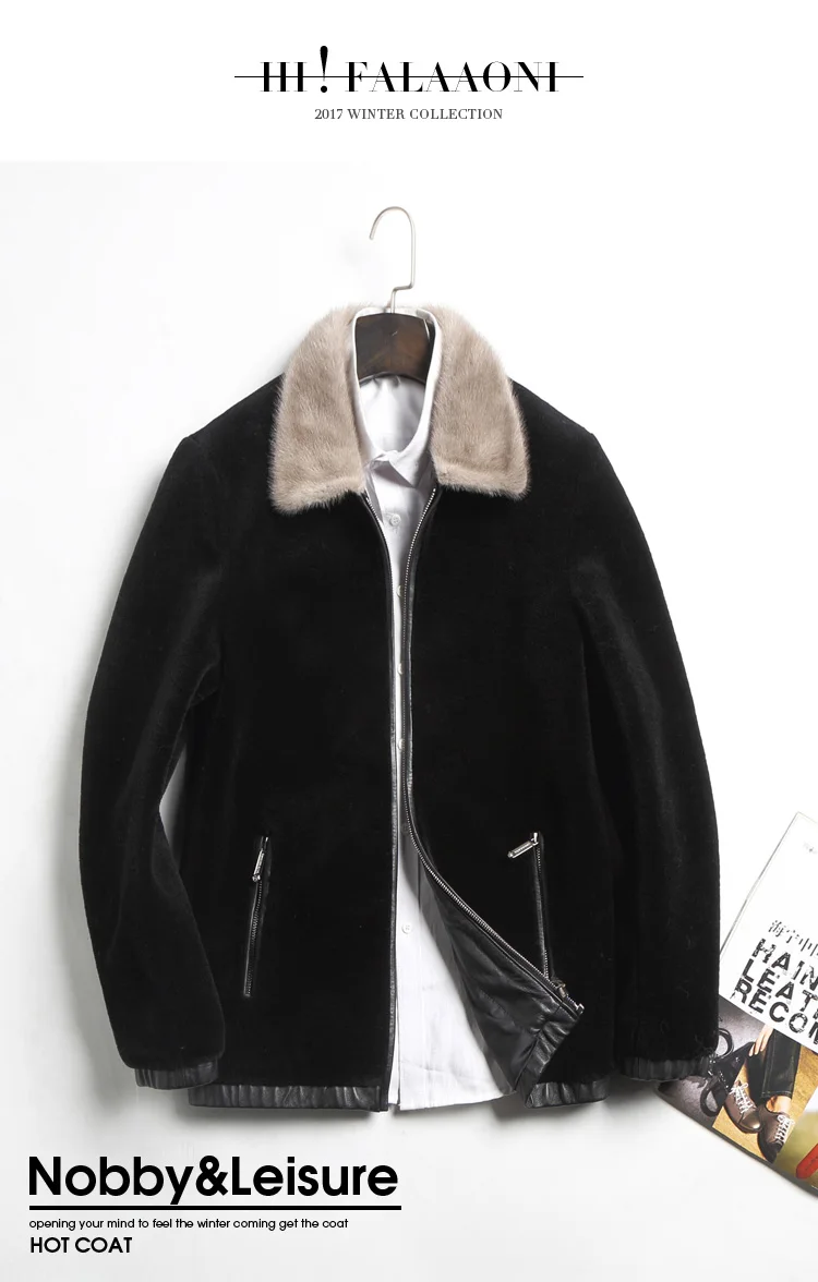 Мужская куртка из натуральной овечьей кожи, короткая черная шерстяная куртка размера плюс 4XL, Воротник из натурального меха норки, верхняя одежда, jaquetas de couro 2335