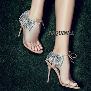 good-looking nude crystal chain women sandals ankle lace up open toe cover heel shoes super thin high heel party footwear