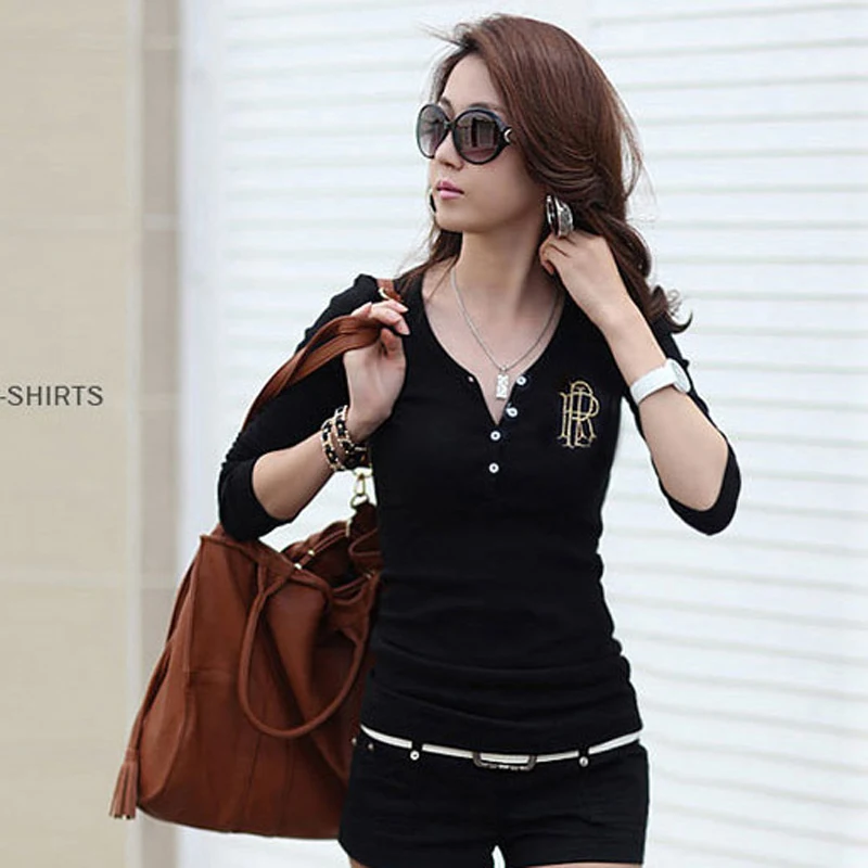 

Korean Plain Black Ladies Top Button Down T-shirts Shirt Women Cotton Breathable Shirts Neck Sleeve