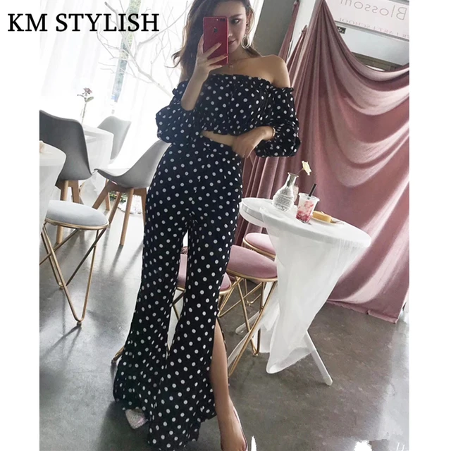 Special Price 2018 Early Autumn New Holiday Fashion Polka Dot Slash Neck Top + High Waist Wide-leg Pants Two-piece suit Special Price 2018 Early Autumn New Holiday Fashion Polka Dot Slash Neck Top + High Waist Wide-leg Pants Two-piece suit