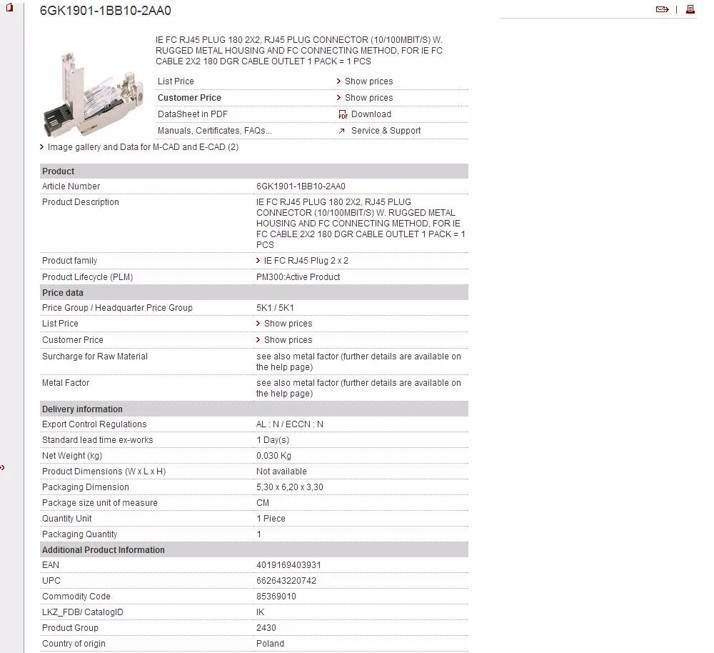 6GK1901-1BB10-2AA0 6GK1 901-1BB10-2AA0 901-1BB10 PROFINET для промышленного етернета RJ45 интерфейс, Высочайшее качество, быстрая