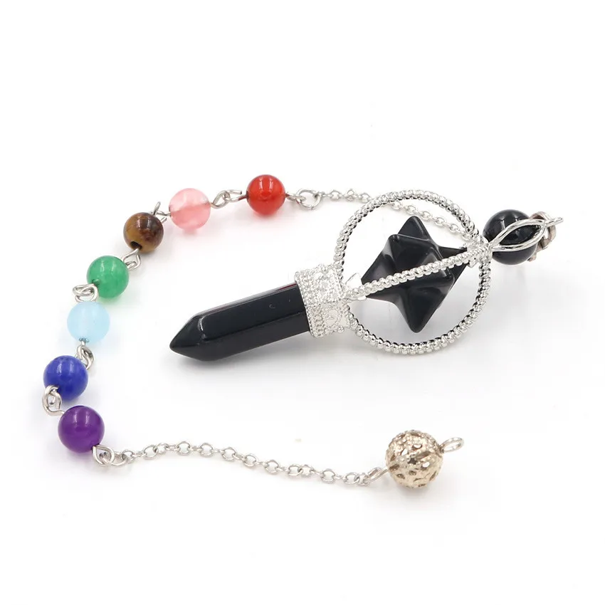 

FYJS Unique Jewelry Silver Plated Merkaba Spiritual Black Agates Pendant with Stone Beads Chain