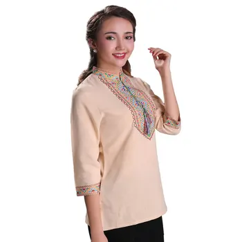 

2019 pure new cotton and linen shirt female stand collar seven-point sleeve national style casual embroidered shirt