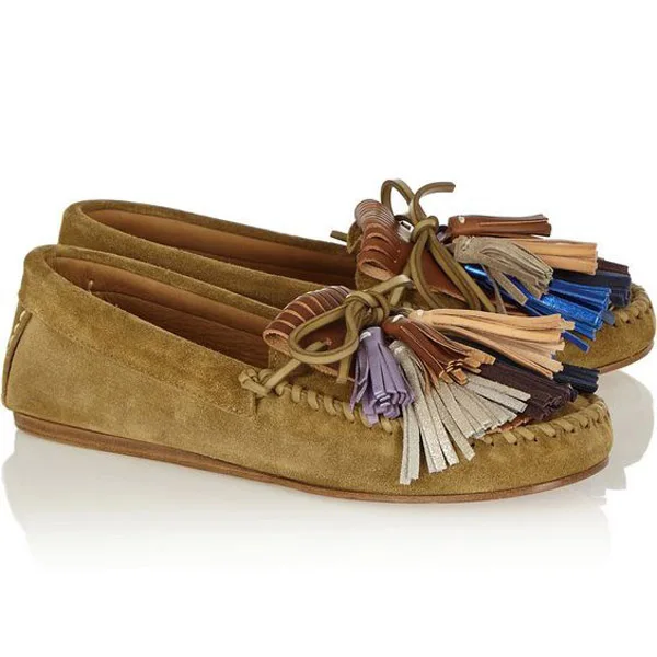 

SHOOEGLE Brown Faux Suede Women's Moccasins Casual Shoes Comfort Flat Bottom Single Shoes Fashion Fringe Women Loafers Shoes