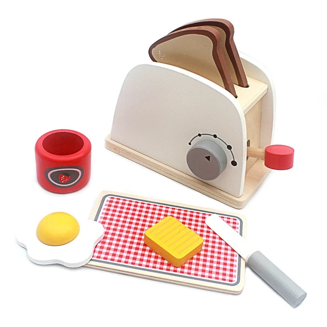 Wood Pretend Play Kitchen Role Play Game Toy Simulation Toasters Bread