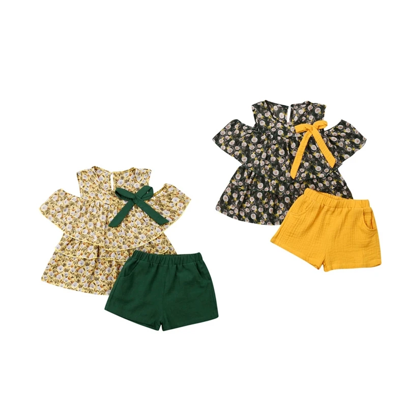 US 2PCS Toddler Kid Baby Girls Summer Outfit Clothes Off Shoulder Tops+Pants Set