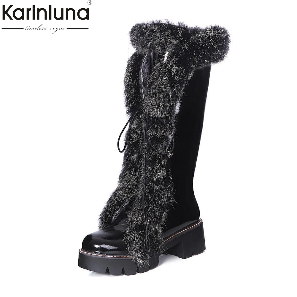 

karinluna large Size 33-43 Add Fur Warm Winter Boots Female Shoes Women Lace Up Casual Square Heels Mid Calf Boots Woman Shoes