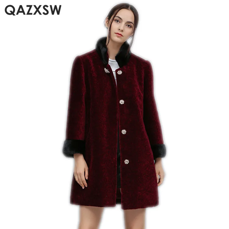 QAZXSW Fashion Women Real Fur Jacket 2019 New Autumn and Winter Sheep Cashmere Coat Female Fur Collar Overcoat Female LH1284