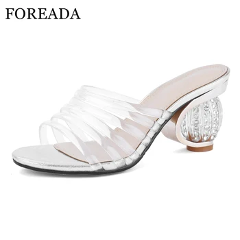 

FOREADA Summer Shoes Women Slippers Rinestone Strange Style High Heels Shoes Transparent Open Toe Party Slides Lady Sandals Red