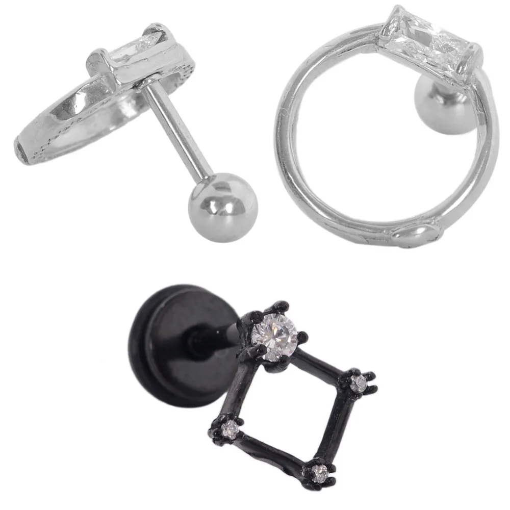 2018 Geometric Black Silver rhombus Ear Stud Rings Piercing Body